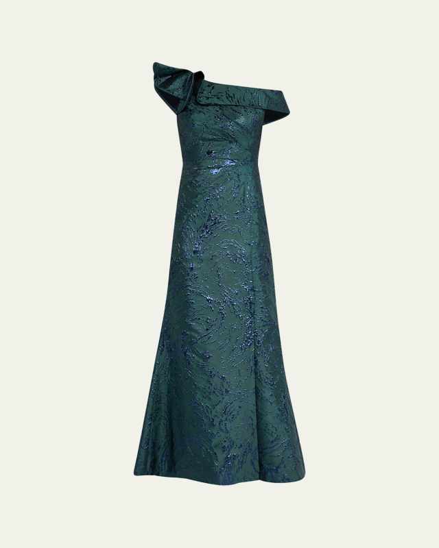 One-Shoulder Ruffle Jacquard Gown